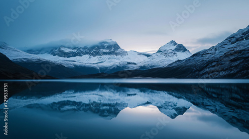 A mesmerizing image of a crystal-clear mountain lake reflecting the snow-capped peaks at dawn. © Markus