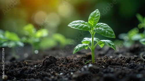 Close up green seedling growing on fertile soil with blurred nature background. Generative AI