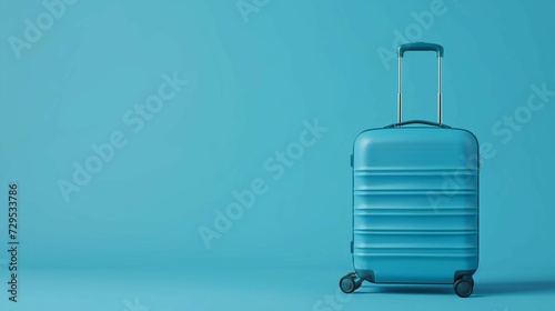 Blue suitcase on a blue background. Minimalism. Mockup. 