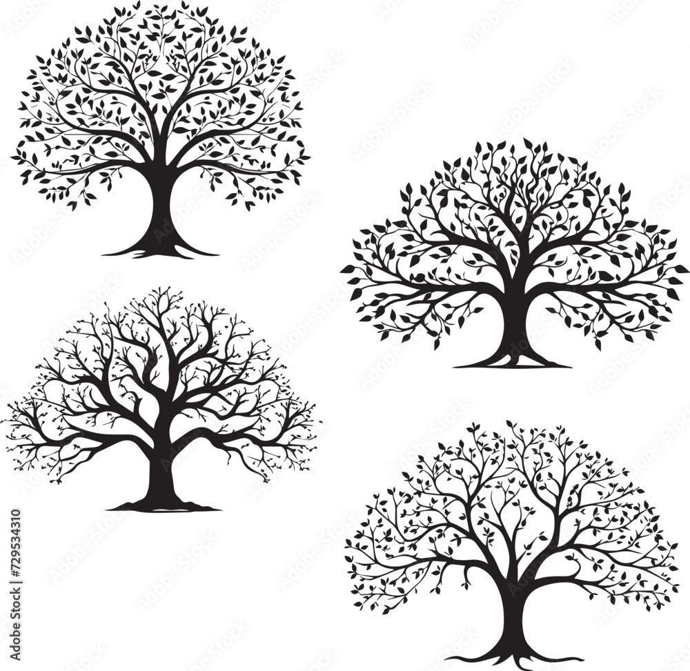 Obraz premium Set of Olive Tree black silhouette on white background