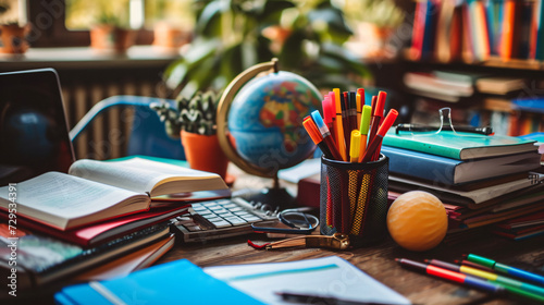 A meticulously arranged flat lay of educational materials including textbooks colorful markers a laptop and a vintage globe. photo