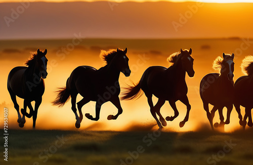 Wild black mustang horses gallop across the prairie at sunset.