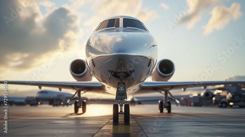 Closeup view of private jet airplane parked at outside and waiting business persons. Luxury tourism and business travel transportation concept.