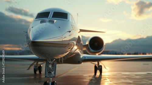 Closeup view of private jet airplane parked at outside and waiting business persons. Luxury tourism and business travel transportation concept.