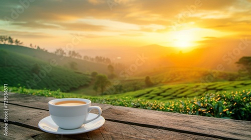  Coffee cup or tea on wooden table over tea plantation background at sunset,