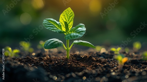 Close up green seedling growing on fertile soil with blurred nature background. Generative AI