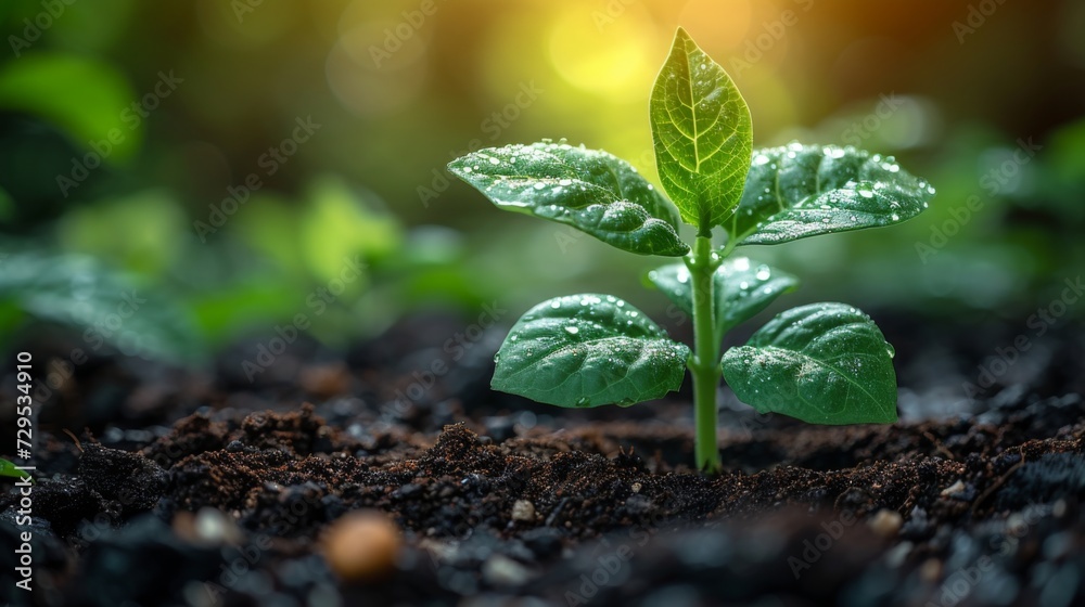 Close up green seedling growing on fertile soil with blurred nature background. Generative AI Close up green seedling growing on fertile soil with blurred nature background. Generative AI
