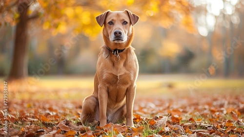 A beautiful mix breed dog sits outside on a fall day as he poses for a portrait