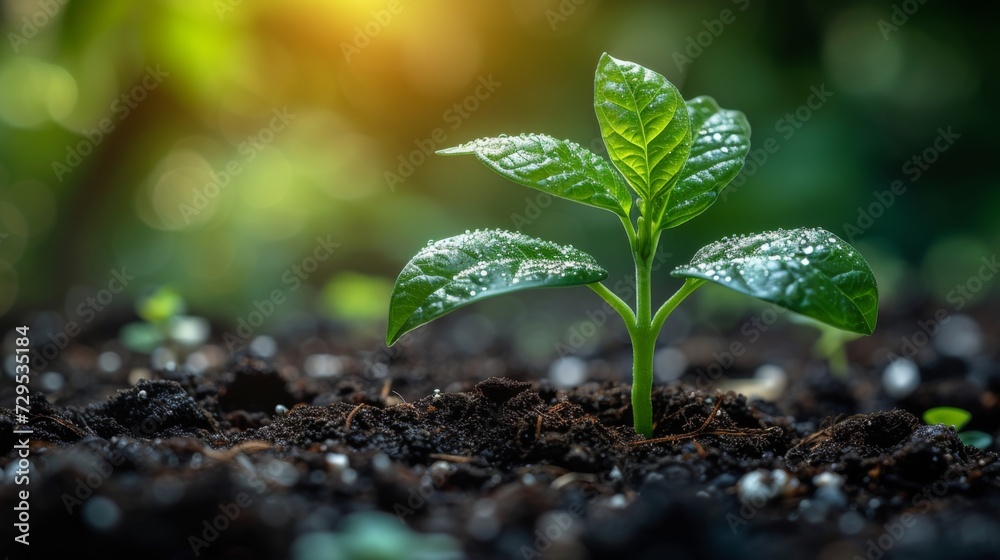 Close up green seedling growing on fertile soil with blurred nature background. Generative AI Close up green seedling growing on fertile soil with blurred nature background. Generative AI