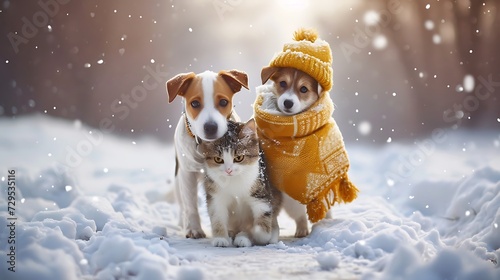 A cute puppy and cat in cozy winter clothes walks in a snowy winter park