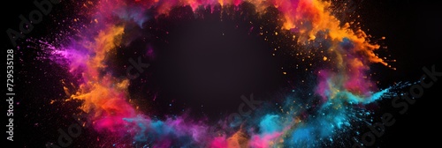 Colorful empty frame for text  Vivid Holi Festival Sale Banner  Explosion of Powder for Holiday Promotions or Birthday Events on black background.