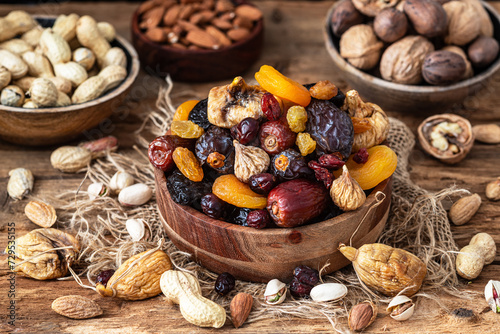 Nuts and dried fruit mix, healthy and wholesome food. Symbols of judaic holiday Tu Bishvat.	