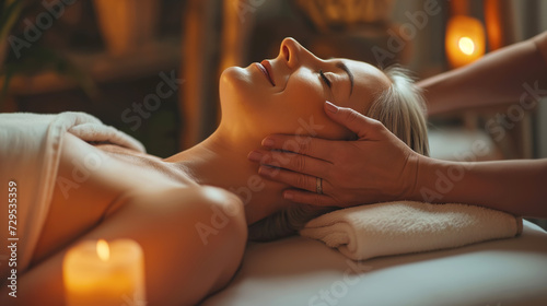 Elderly black woman enjoying relaxing massage at spa salon photo