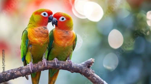  couple of conure birds on branch together. romantic scene