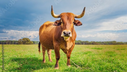 a brahman bull facing the camera while grazing on a sunny day