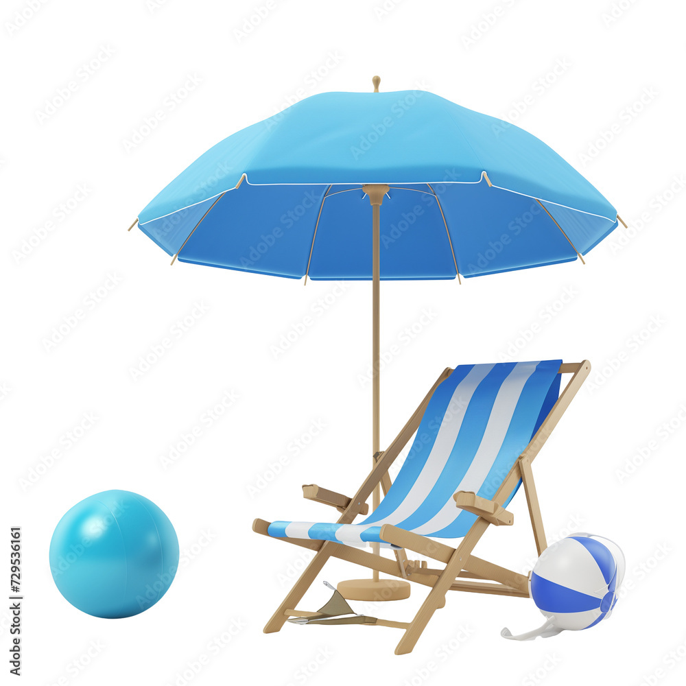 3d Beach Chair, Blue Umbrella and Ball, Summer holiday, Time to travel concept isolated on transparent background 3d Beach Chair, Blue Umbrella and Ball, Summer holiday, Time to travel concept isolated on transparent background
