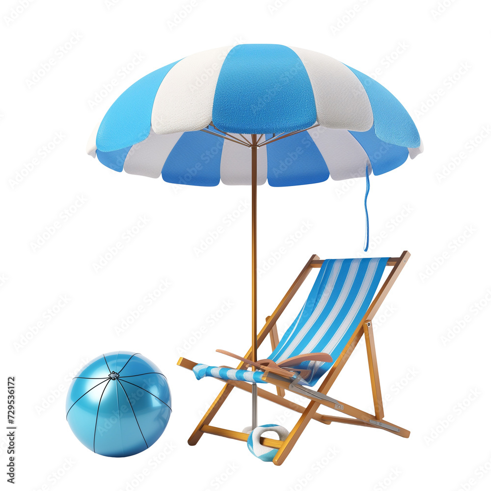 3d Beach Chair, Blue Umbrella and Ball, Summer holiday, Time to travel concept isolated on transparent background 3d Beach Chair, Blue Umbrella and Ball, Summer holiday, Time to travel concept isolated on transparent background