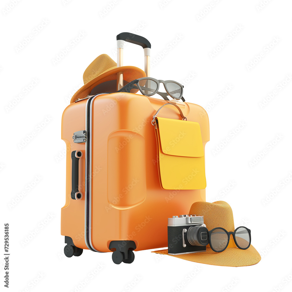 3d illustration suitcase with sun glasses, hat and camera, travel concept. minimal style, isolated on transparent background. 3d illustration suitcase with sun glasses, hat and camera, travel concept. minimal style, isolated on transparent background.