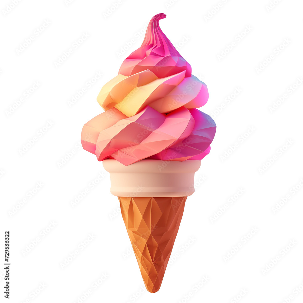 3d Ice cream, illustration of summer Ice cream cartoon low poly isolated on transparent background