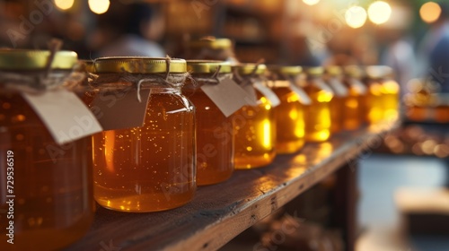 Row of honey jars with burlap covers and tags on a wooden shelf at a local market. 