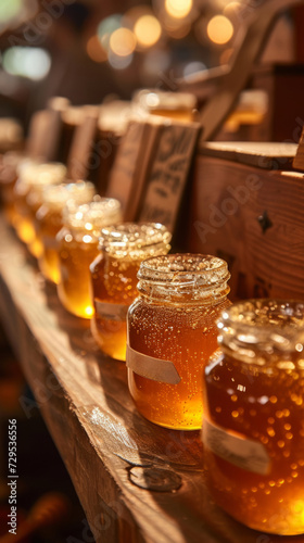 Row of honey jars with burlap covers and tags on a wooden shelf at a local market. 