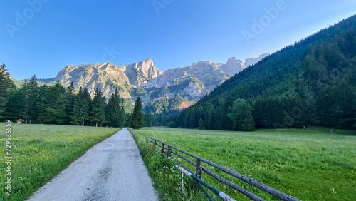 Hiking trail along alpine meadow with scenic view of majestic mountains of Hochschwab Region, Upper Styria, Austria. Sharp summit Zinken in remote Austrian Alps, Europe. Climbing tourism, wilderness