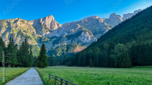 Canvas-taulu Hiking trail along alpine meadow with scenic view of majestic mountains of Hochschwab Region, Upper Styria, Austria