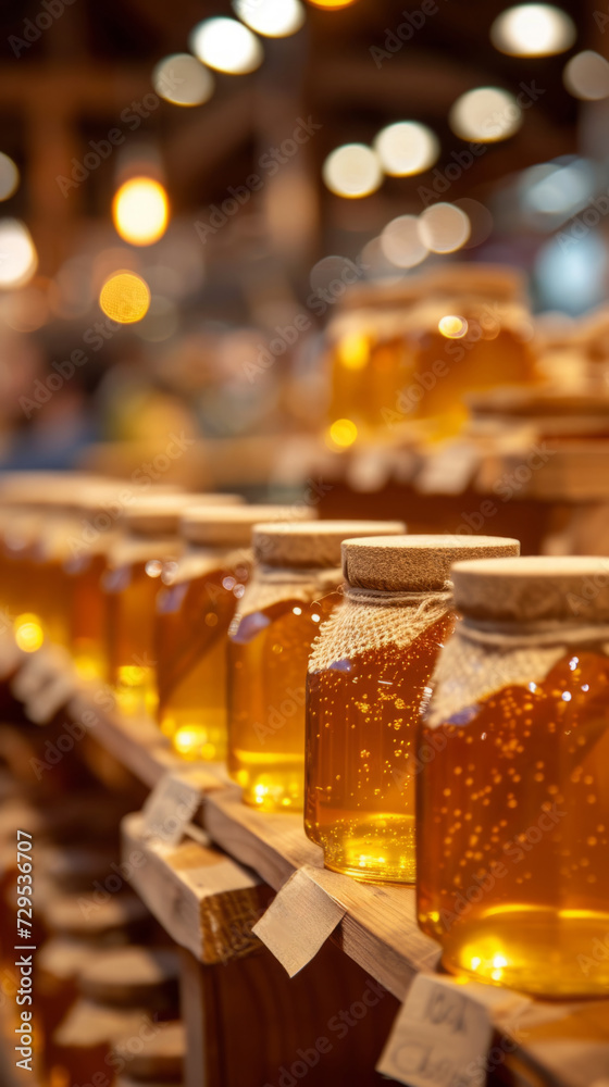 Row of honey jars with burlap covers and tags on a wooden shelf at a local market.
