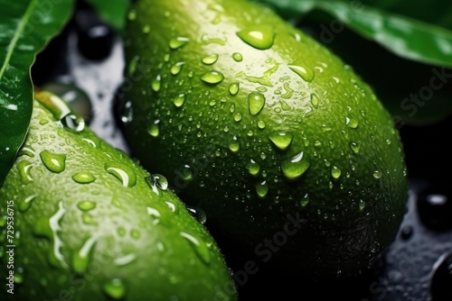 Avocado with water drops close-up. Macro photography of healthy organic avocado fruit. Vegetarian food, beautiful avocado background