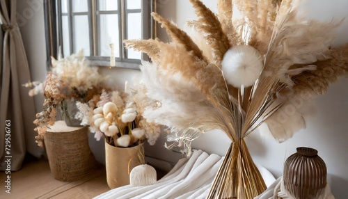 pampas grass and lunaria are collected in a bouquet for room decor bouquet of dried flowers floral minimal home interior boho style boho style holiday photo zone decor photo