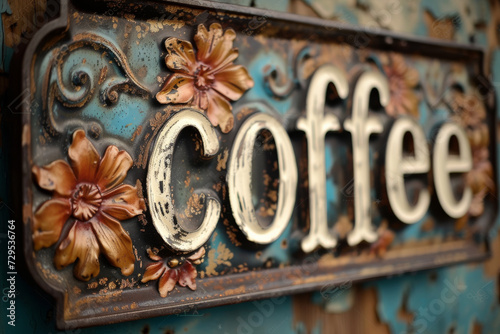 Antikes Coffee Metallkaffeeschild mit kunstvollen Details