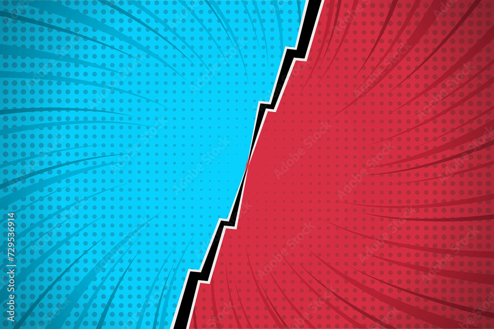 Fototapeta premium Flat design red comic style background. Pop art comic background lightning blast halftone dots. Pop comics book cartoon magazine cover. Cartoon funny retro pattern strip mockup. Split screen
