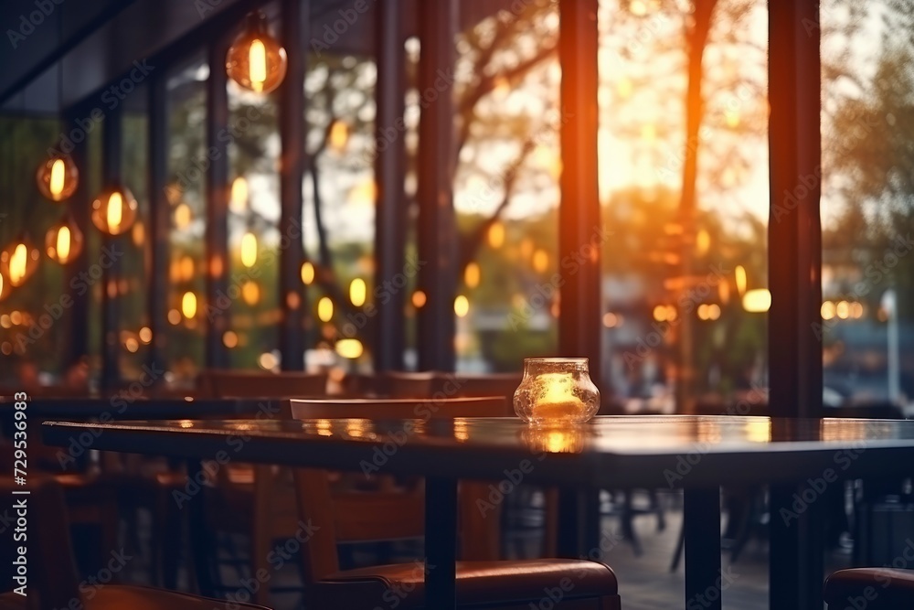 Blurred background of a restaurant, night bar or cafe. Wooden table, chairs, beautiful dark cozy lighting, bokeh lights. Abstract background
