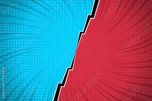 Flat design red comic style background. Pop art comic background lightning blast halftone dots. Pop comics book cartoon magazine cover. Cartoon funny retro pattern strip mockup. Split screen