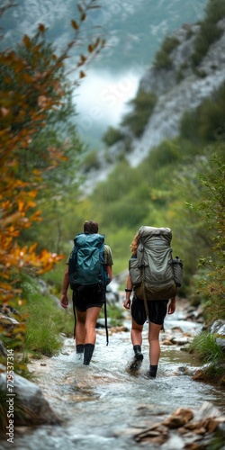 Two hikers with backpacks crossing a rocky stream in a forest, surrounded by autumn foliage.