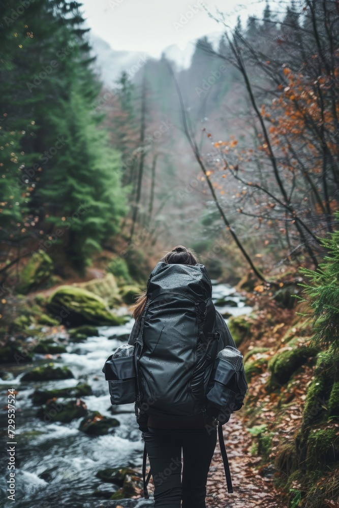 Backpacker walking along a river trail in a forest, with mossy rocks and autumn leaves. Backpacker walking along a river trail in a forest, with mossy rocks and autumn leaves.