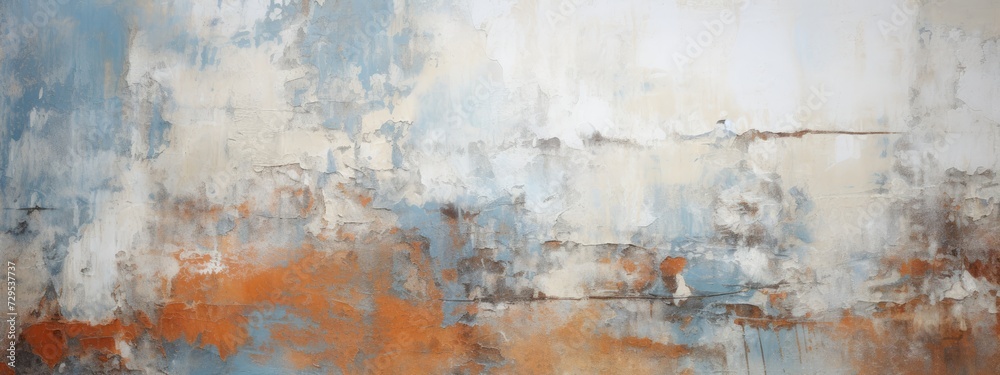 Fototapeta premium Abstract textured surface with white paint over patches of rust and blue tones. grunge textures for poster and web banner design. Cement texture background