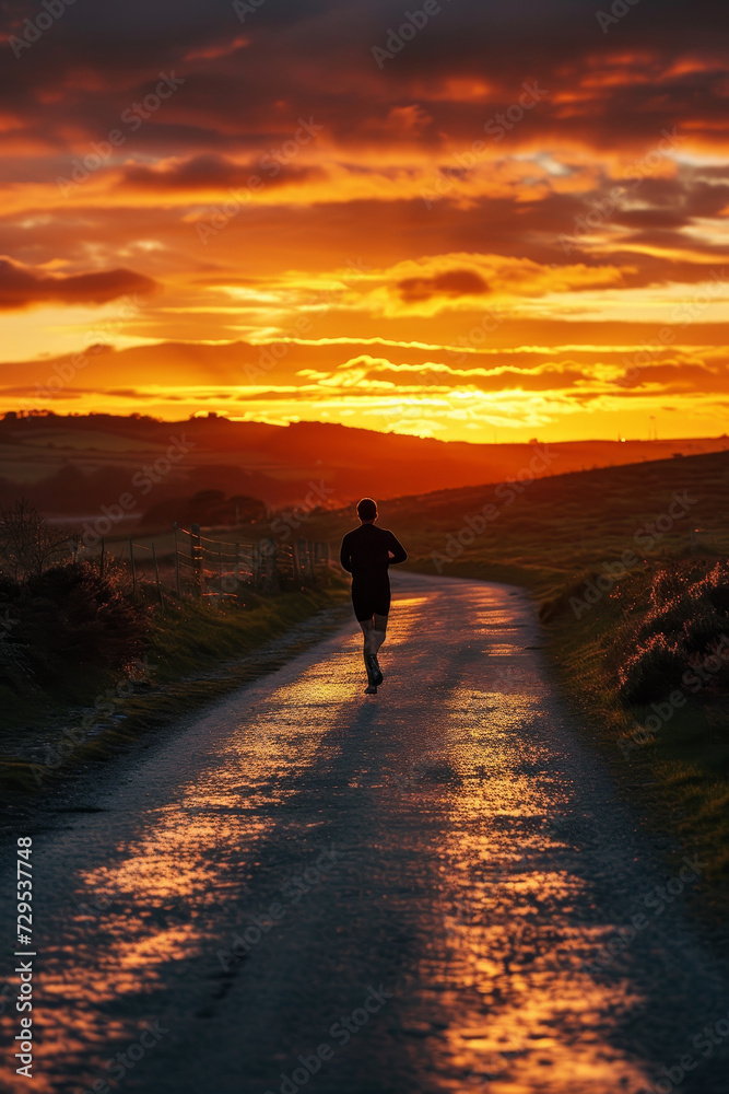 Runner on a coastal path with a vibrant sunset over the sea horizon.