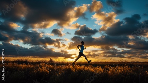 Silhouette of a runner amidst wildflowers against a dramatic sunset sky.