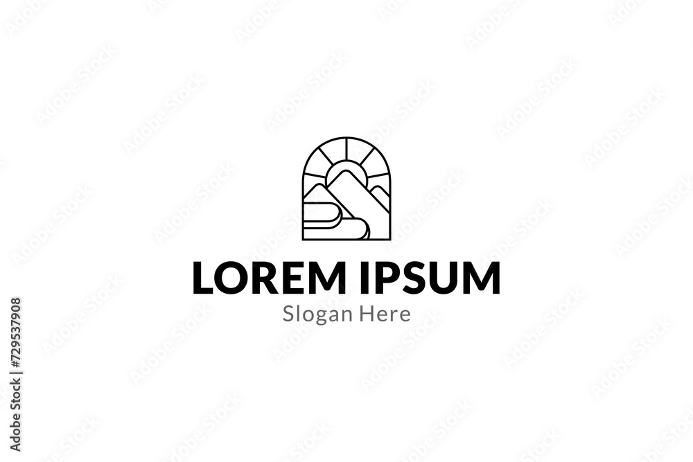 agriculture logo with natural view of mountain and sun in line art design style agriculture logo with natural view of mountain and sun in line art design style