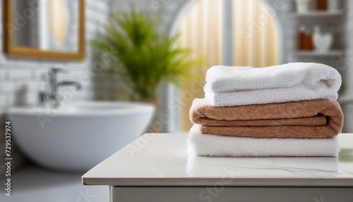 towels on white table with copy space on blurred bathroom background