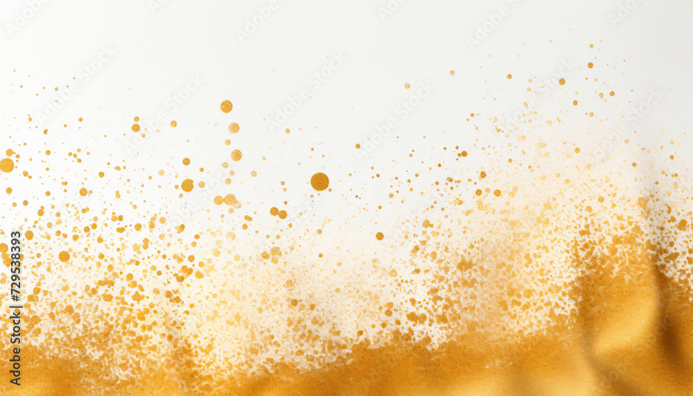 Wide gold glitter falling particles on white background. Copy space. Space for text. Golden glitter festive background for invitation, gift card, gift voucher. invitation. Particle explosion. Wide gold glitter falling particles on white background. Copy space. Space for text. Golden glitter festive background for invitation, gift card, gift voucher. invitation. Particle explosion.