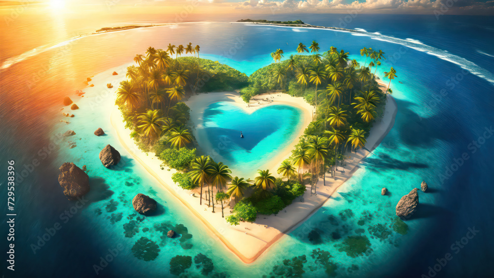 Fototapeta premium Heart-shaped paradisiac island in the middle of a blue lagoon with exotic beaches and palm trees