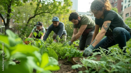 Group of volunteers busily planting in an urban community garden.