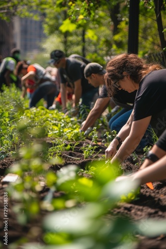 Group of volunteers busily planting in an urban community garden. © Artsaba Family