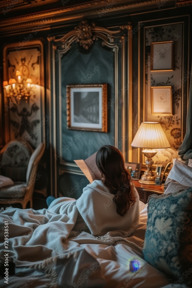 Individual wrapped in a bathrobe, immersed in reading a book in a luxurious bedroom with vintage decor.