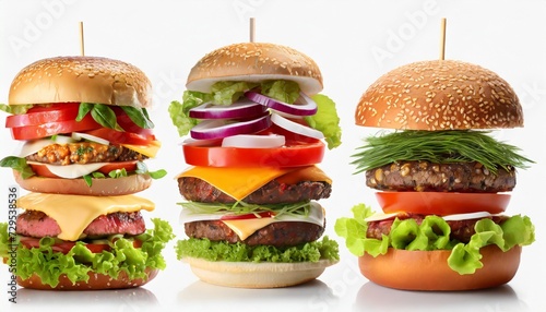 set of different burgers with ingredients by layers white isolated