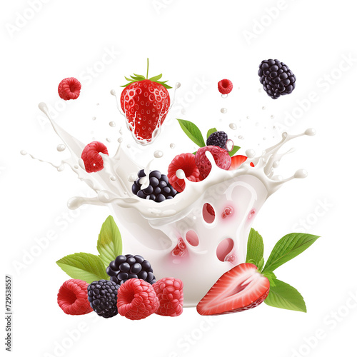 3d fresh summer cocktail, milk wave splash with forest berries. Realistic dairy drink flow with strawberry, blackberry, raspberry, green leaves and drops. Isolated on transparent background