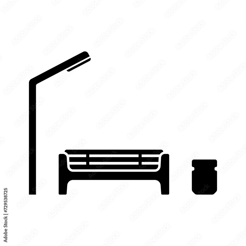 Bench, street lamp and trash can icon. Black silhouette. Front side view. Vector simple flat graphic illustration. Isolated object on a white background. Isolate. Bench, street lamp and trash can icon. Black silhouette. Front side view. Vector simple flat graphic illustration. Isolated object on a white background. Isolate.