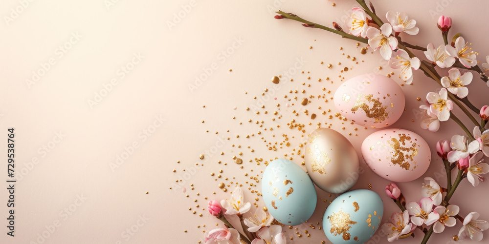 Easter eggs on a pastel background with flowers. Spring composition with copy space.
